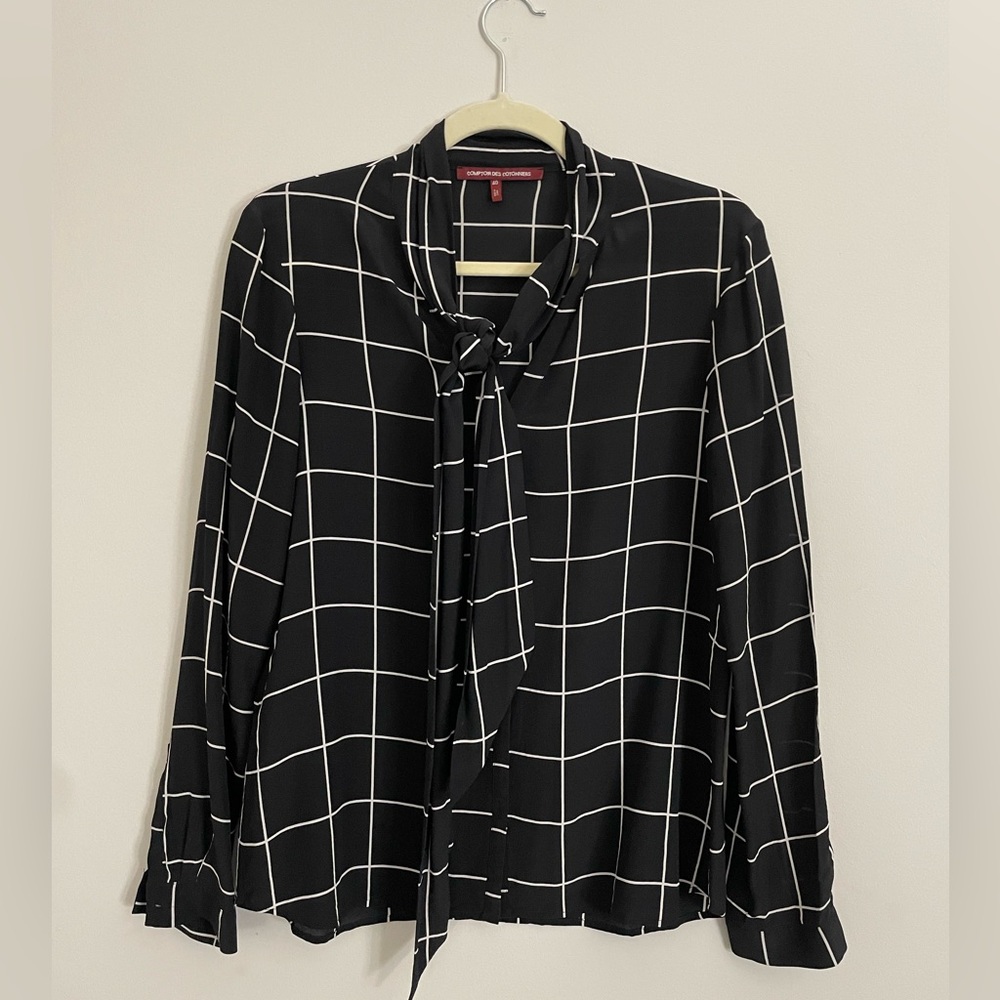 Comptoir des Cotonniers Black Tie Neck Geometric Print Silk Blouse Size 40 8 Top